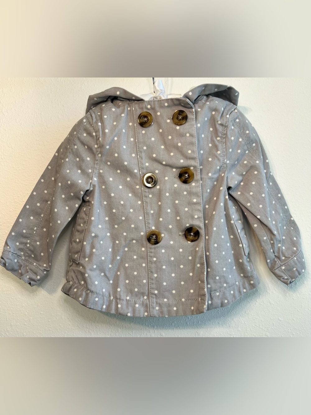 Tahari Girls Gray White Polka Dot Hooded Trench Coat Jacket Size 12M